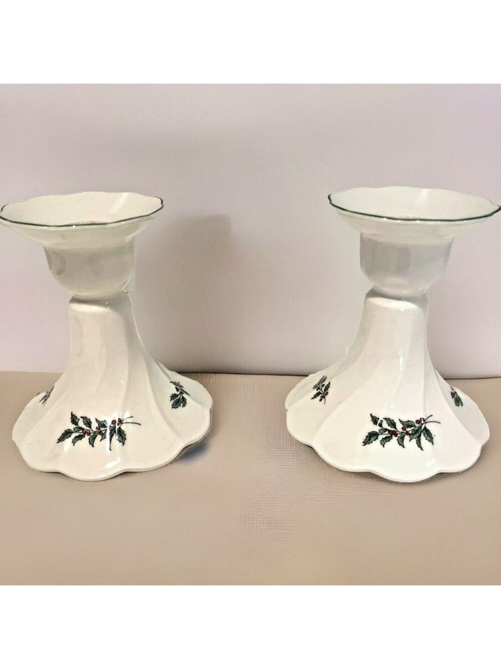 Vintage Nikko Holiday Candle Holders Festive Holly Swirl Set of 2 Made in Japan